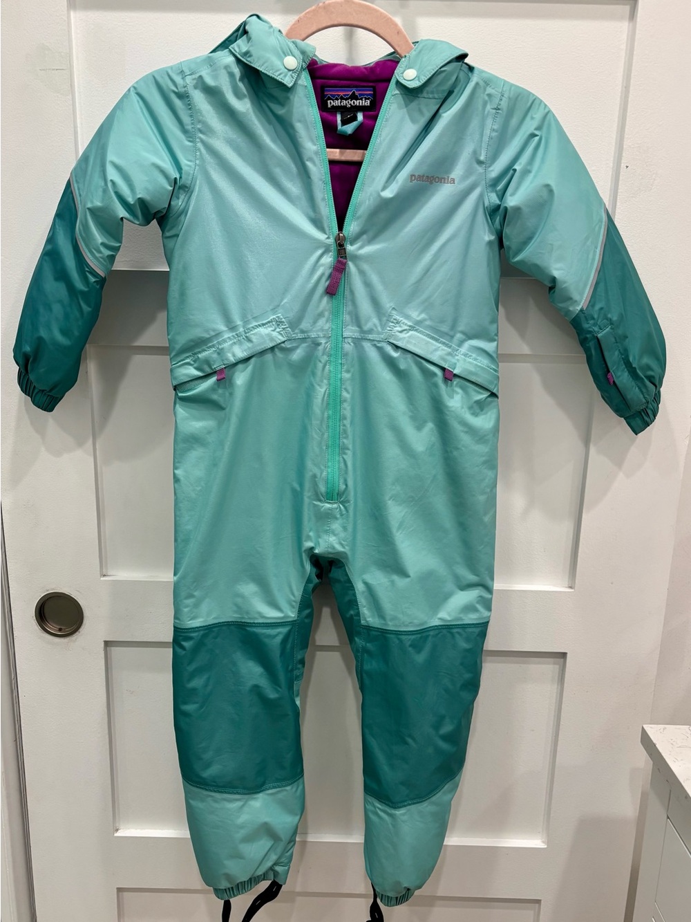 Patagonia Mint Green and Purple Kids Snowsuit with Hood